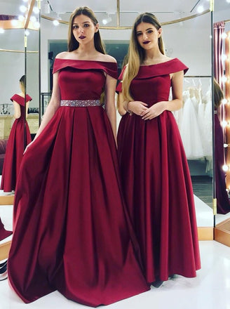 elegant off-the-shoulder beaded waist satin burgundy bridesmaid dresses dtb56