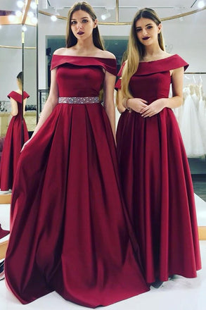 Elegant Off-the-shoulder Beaded Waist Satin Burgundy Bridesmaid Dresses