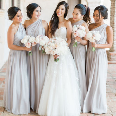 Elegant Pale Gray One Shoulder A-Line Chiffon Bridesmaid Dresses