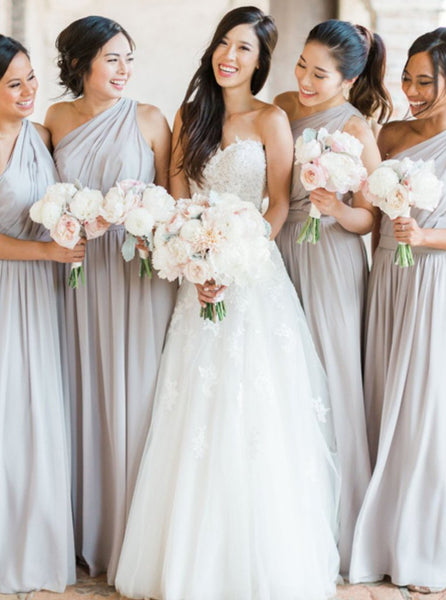 Elegant Pale Gray One Shoulder A Line Chiffon Bridesmaid Dresses DTB33 DressTok