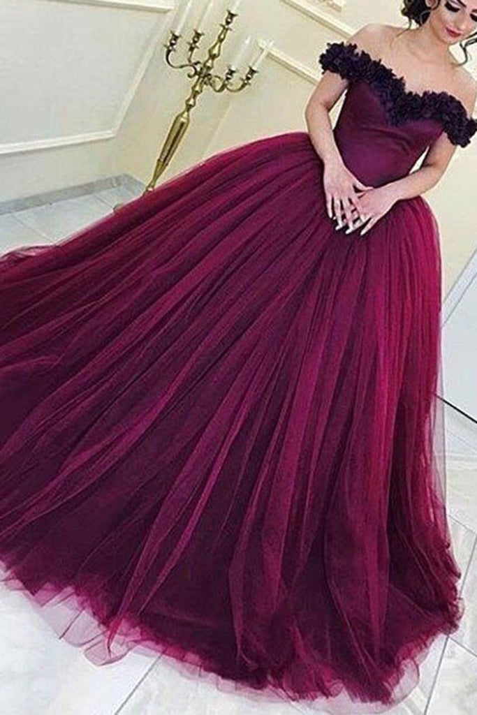 elegant grape tulle off the shoulder prom dress ball gown quinceanera dress dtp411