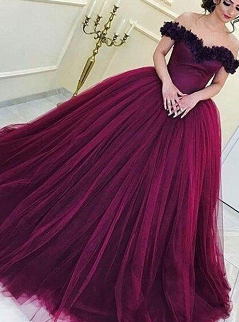 Elegant Grape Tulle Off the Shoulder Prom Dress Ball Gown Quinceanera Dress