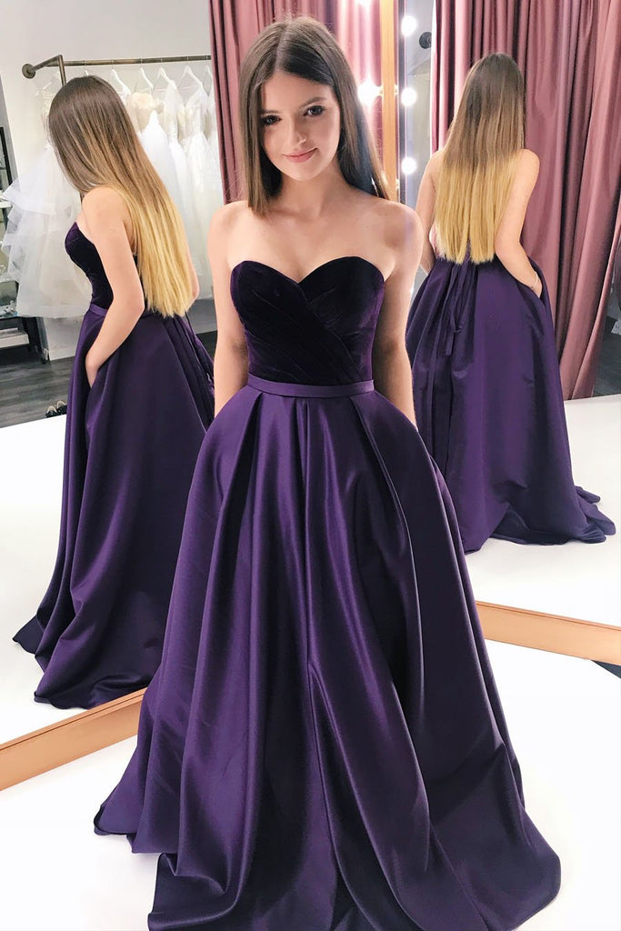 purple velvet satin sweetheart long prom dresses with pockets dtp498
