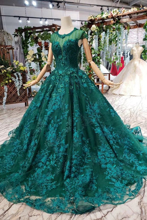 Elegant Scoop Cap Sleeves Prom Dress With Appliques Military Ball Gown