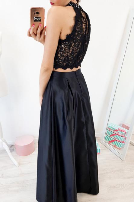 Elegant Two Piece Black Lace Prom Dress High Neck with Beading