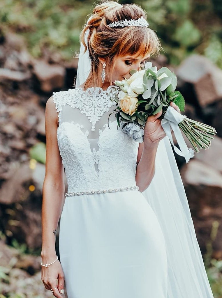 elegant white sheath wedding dress see-through back waist beading dtw162