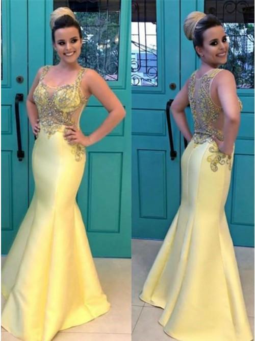 exquisite yellow mermaid beading bodice satin prom dress dtp448