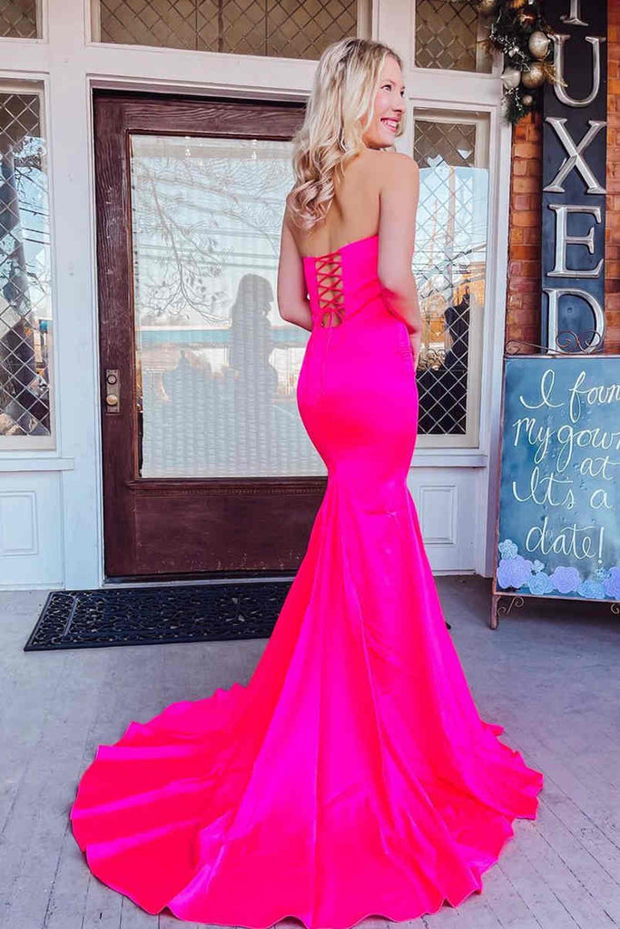 Hot Pink Satin Mermaid Prom Dresses Sweetheart Long Evening Gown