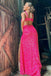 Mermaid Cut Out V-Neck Hot Pink Sequin Prom Dresses Formal Evening Dresses With Slit