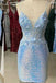 Straps Light Blue Short/Mini Sequined Homecoming Dress With Appliqued