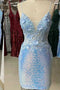 Straps Light Blue Short/Mini Sequined Homecoming Dress With Appliqued