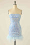 Sheath Tight Blue Short/Mini Sequins Homecoming Dress Wtih Feather