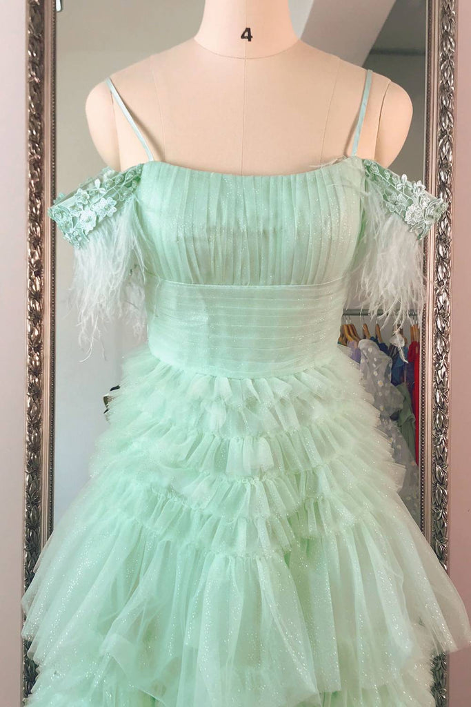 A Line Mint Green Feathers Prom Dress With Layered, Long Formal Gown
