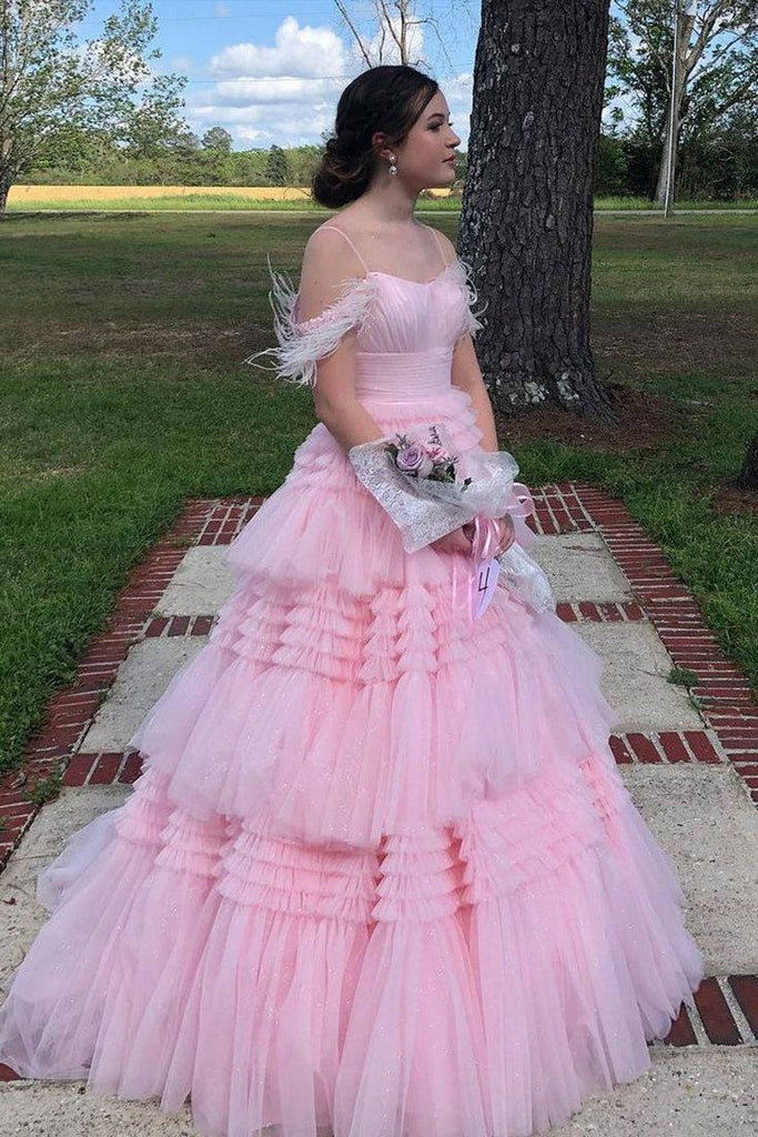 A Line Mint Green Feathers Prom Dress With Layered, Long Formal Gown