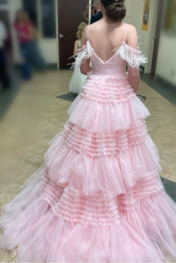A Line Mint Green Feathers Prom Dress With Layered, Long Formal Gown