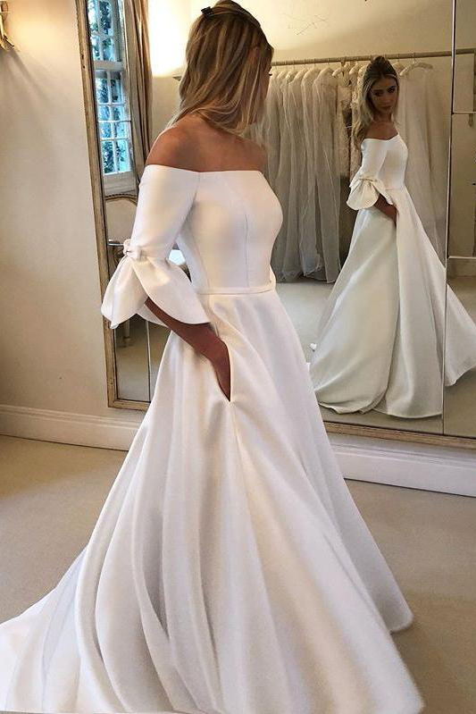 Flare Sleeves Simple Wedding Dresses, Princess Off Shoulder Wedding Dresses