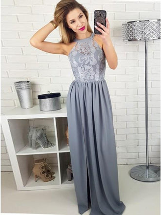 lace round neck floor-length satin long prom dress with split dtp233