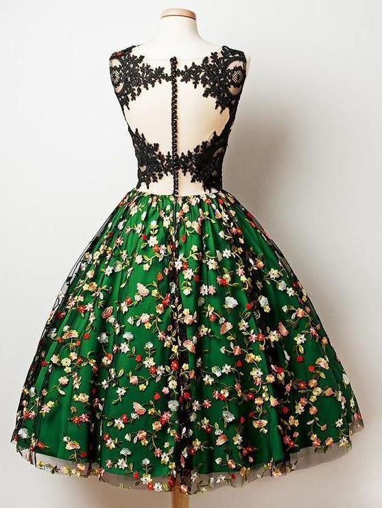 green homecoming dress short prom dress with floral appliques dtp202