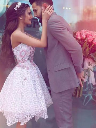 spaghetti-straps v-neck applique asymmetry short prom graduation dress dtp276