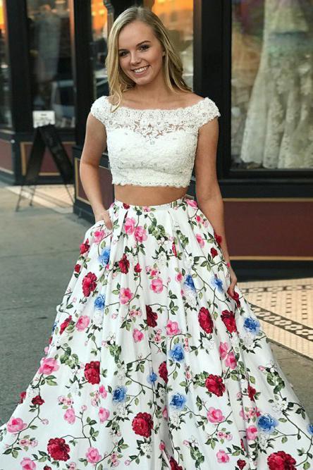 floral printed two piece prom dress cap sleeves with pockets dtp610