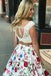 Floral Printed Two Piece Prom Dress Cap Sleeves with Pockets
