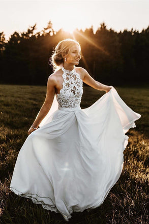 Flowy A-Line Halter Lace Chiffon Long Beach Wedding Dress