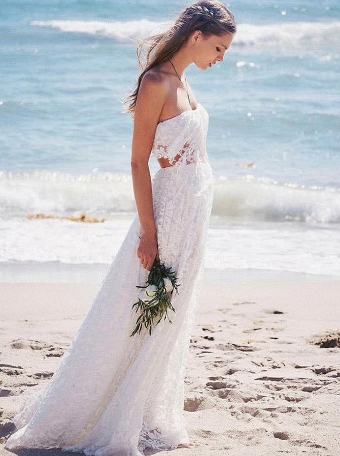 Backless Two Piece Lace Wedding Dress Flowy Strapless Boho Wedding Dress DTW184 DressTok.co.uk Backless Two Piece Lace Wedding Dress Flowy Strapless Boho Wedding Dress DTW184 DressTok.co.uk