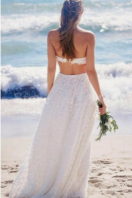 Flowy Strapless Boho Wedding Dress, Backless Two Piece Lace Wedding Dress