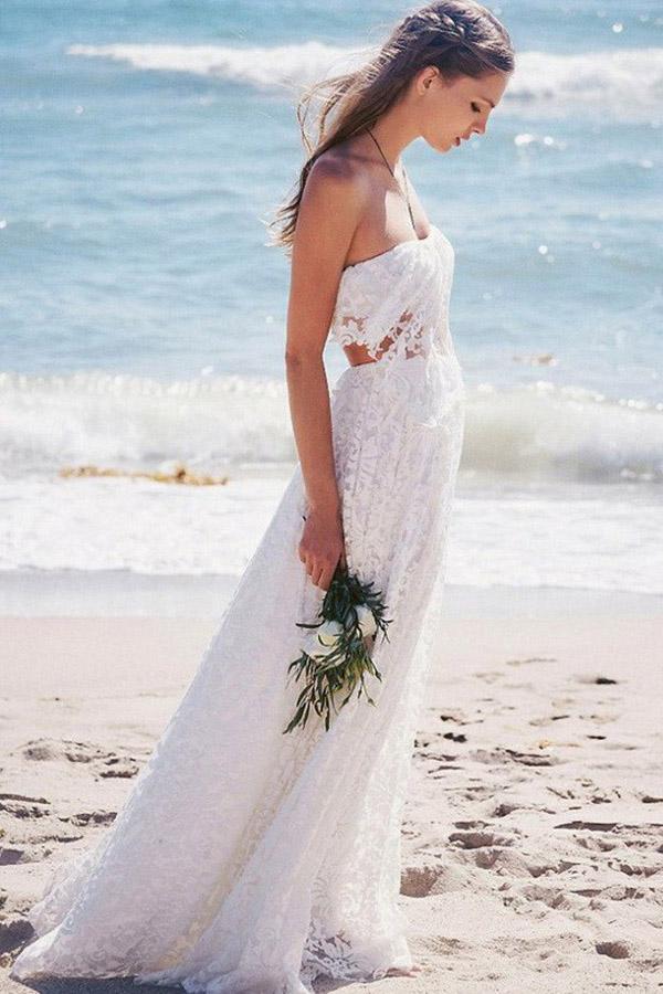 Flowy Strapless Boho Wedding Dress Backless Two Piece Lace Wedding Dress