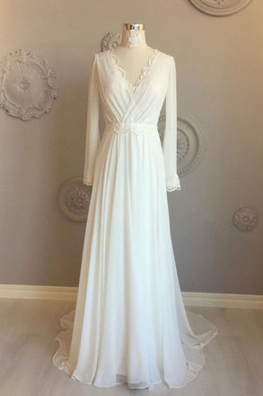 flowy chiffon v-neck backless long sleeves beach wedding dress dtw167