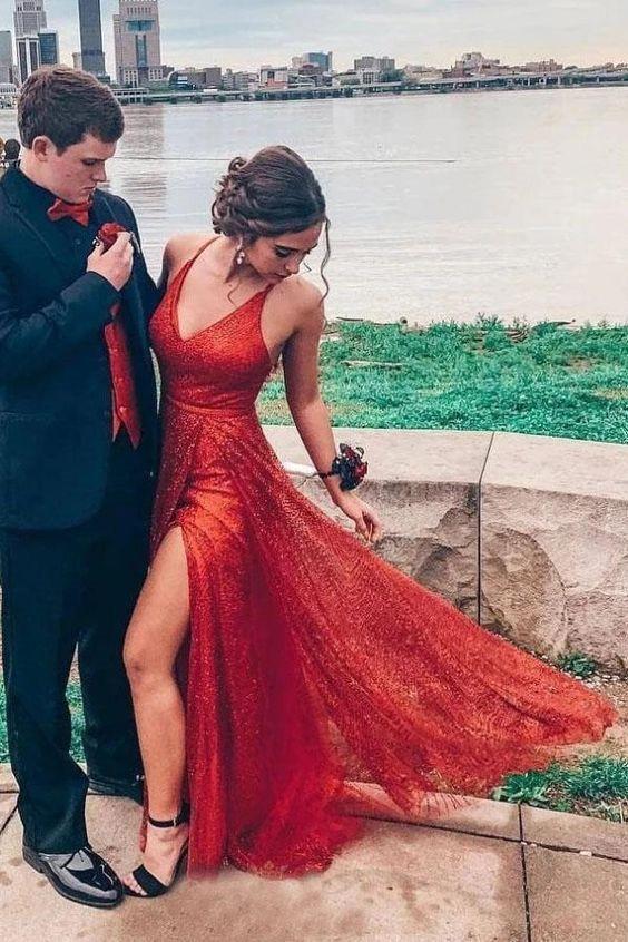 Glitter Red Long Prom Dresses Spaghetti-straps V-neck Slit Party Dress