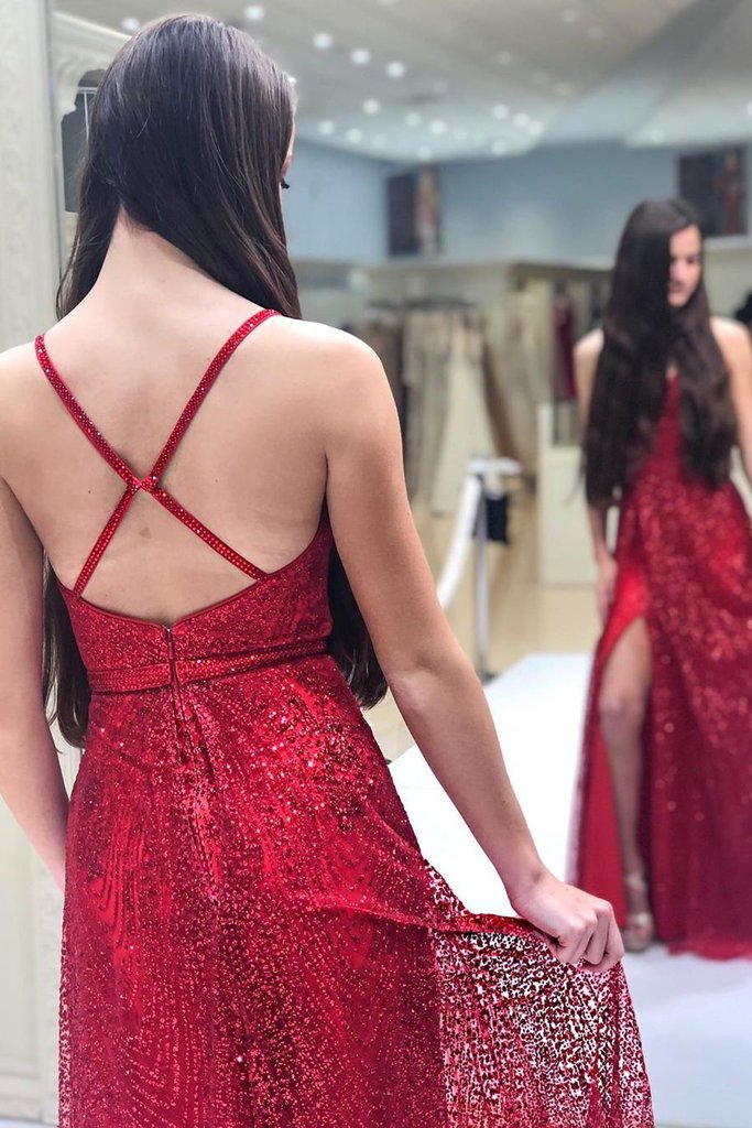 Glitter Red Long Prom Dresses Spaghetti straps V neck Slit Party Dress