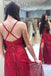 Glitter Red Long Prom Dresses Spaghetti-straps V-neck Slit Party Dress