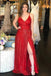 Glitter Red Long Prom Dresses Spaghetti-straps V-neck Slit Party Dress