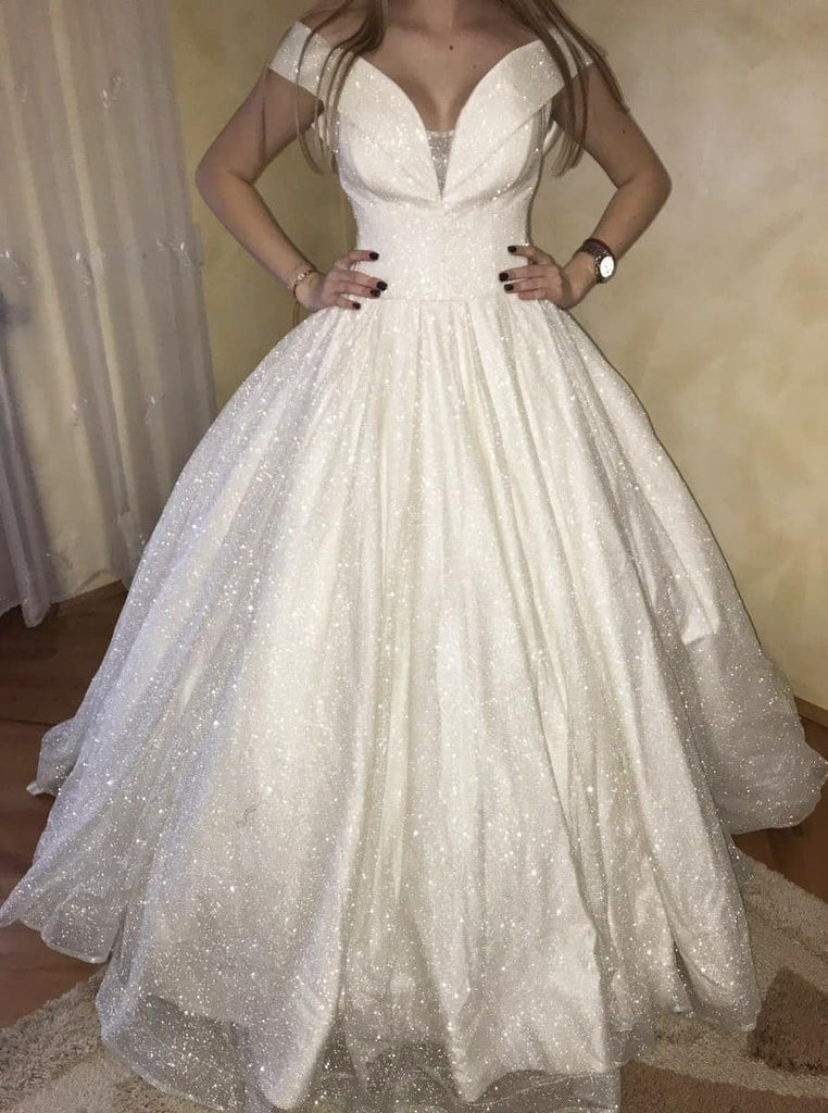 glitter off-the-shoulder princess ball gown wedding dress dtw164