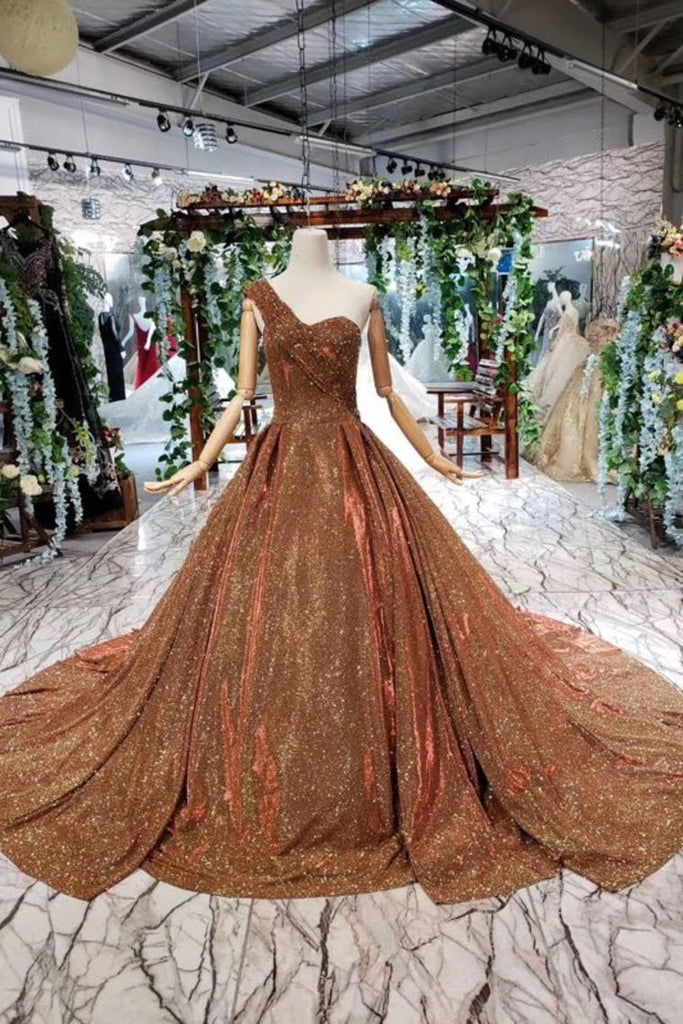 Glitter Sequins One Shoulder Evening Dress Beaded Quinceanera Dress