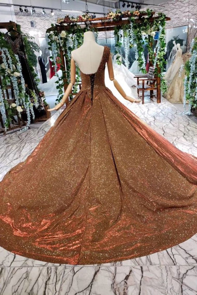 Glitter Sequins One Shoulder Evening Dress Beaded Quinceanera Dress
