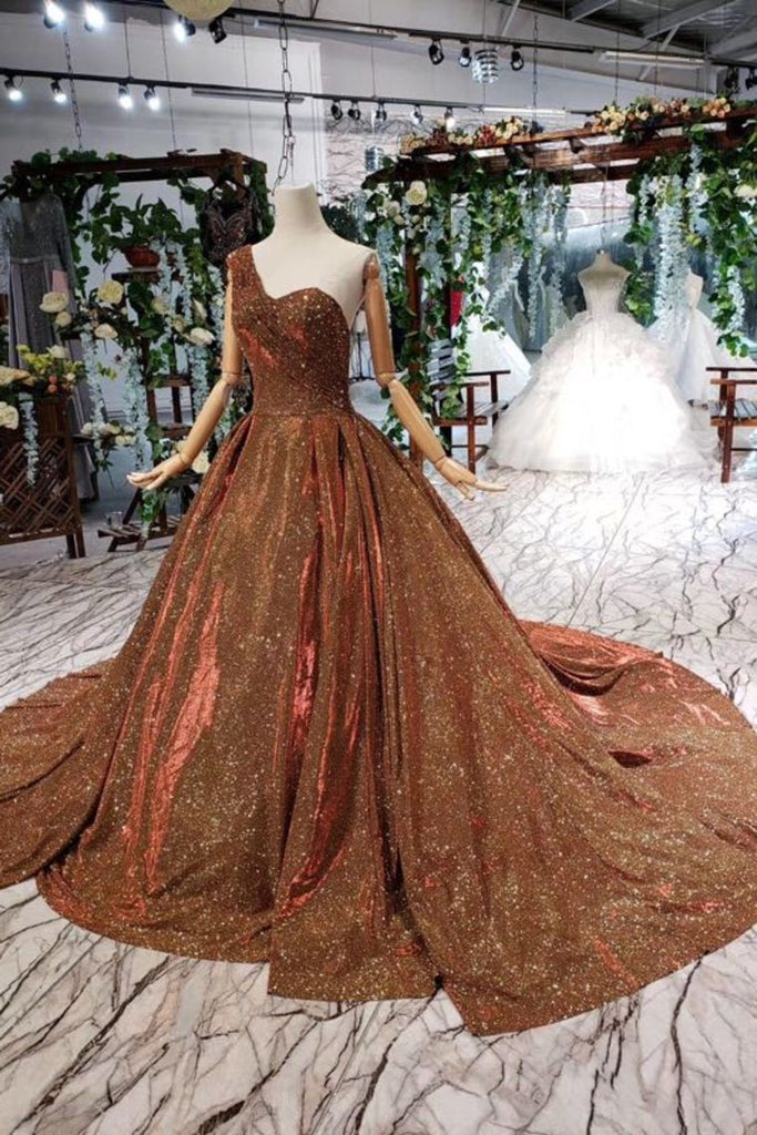 Glitter Sequins One Shoulder Evening Dress Beaded Quinceanera Dress