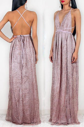 Glitter Spaghetti-straps Rose Gold Backless Prom Evening Dress With Split
