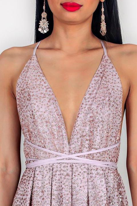 Glitter Spaghetti-straps Rose Gold Backless Prom Evening Dress With Split