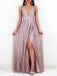 glitter spaghetti-straps rose gold backless prom evening dress with split dtp425