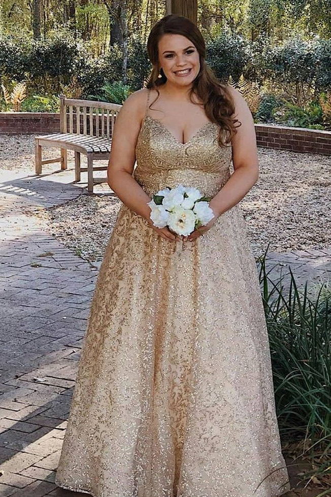 Spaghetti-straps V-neck Gold Lace Appliques Prom Dresses Plus Size Party Gown