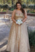Spaghetti-straps V-neck Gold Lace Appliques Prom Dresses Plus Size Party Gown
