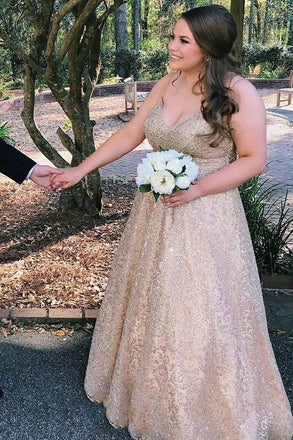 Spaghetti-straps V-neck Gold Lace Appliques Prom Dresses Plus Size Party Gown