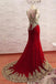 Gold Beaded Appliques Mermaid Burgundy Long Prom Formal Dress