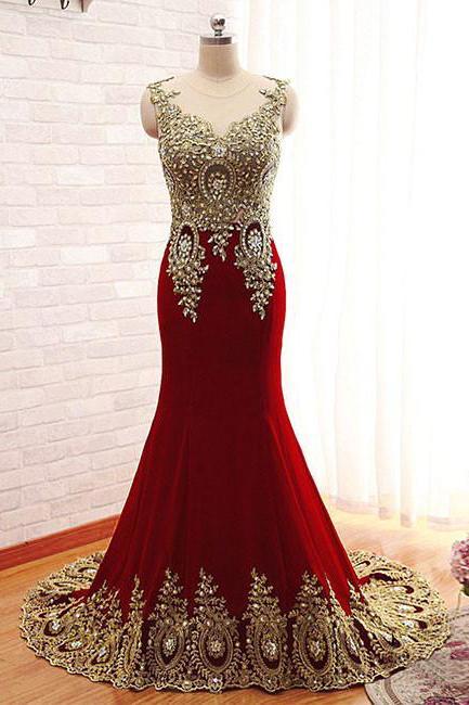 gold beaded appliques mermaid burgundy long prom formal dress dtp623