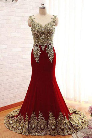 gold beaded appliques mermaid burgundy long prom formal dress dtp623