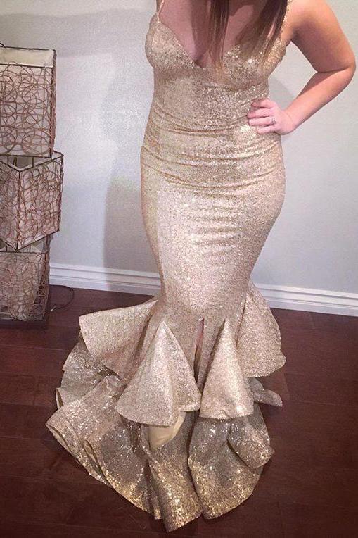 Gold Sequins Prom Dress Straps Sweetheart Mermaid Layered Formal Gown