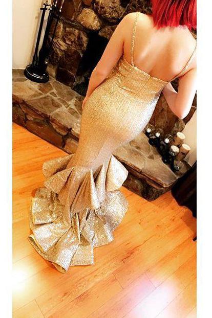 Gold Sequins Prom Dress Straps Sweetheart Mermaid Layered Formal Gown