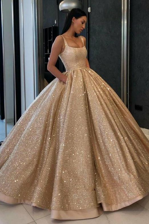 prom ball gown quinceanera gown sequins gold sweet 16 dress with pockets dtp645
